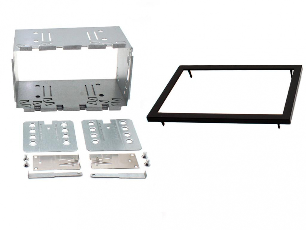 Monteringsram för dubbel-DIN stereo, inklusive fästen och skruvar.