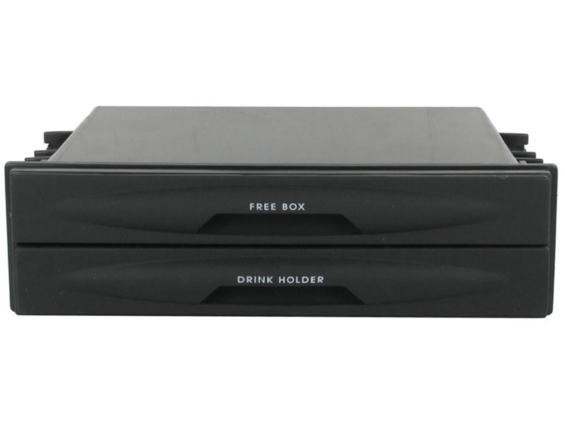 En svart dubbel låda med utrymme för förvaring och hållare för dryck.