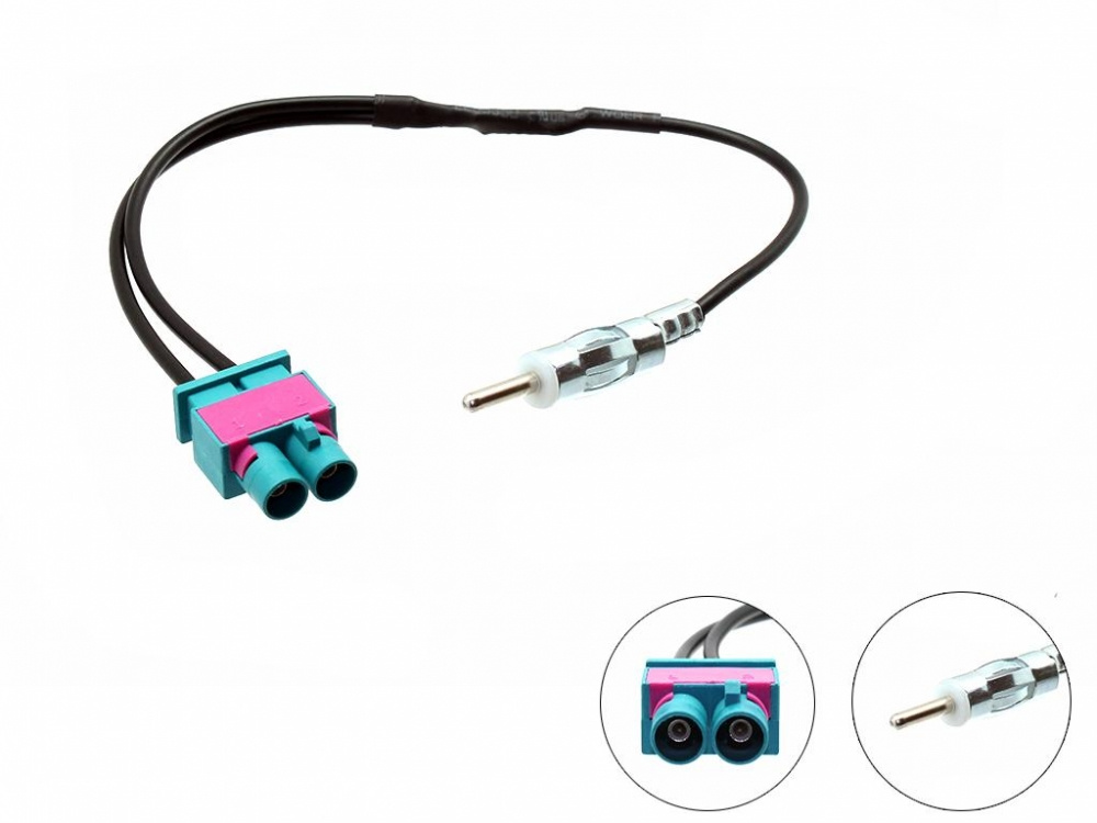 Antennadapter med dubbel-fakra och standardkontakt för ljudsystem.