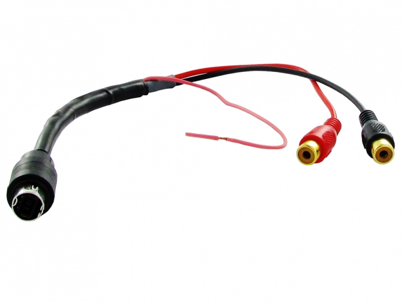 Kabeladapter från Alpine med hane till RCA hona, med synlig kablage.