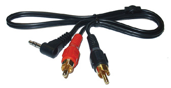 Aux-kabel med 3.5mm stereoplugg och 2 RCA-kontakter, 1 meter lång.