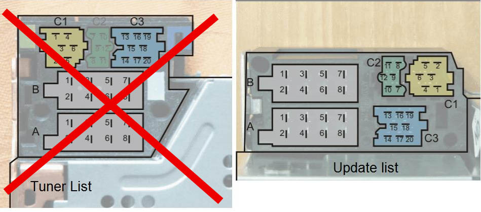 Två diagram som visar kabelanslutningar, med en överstrykning på den första.