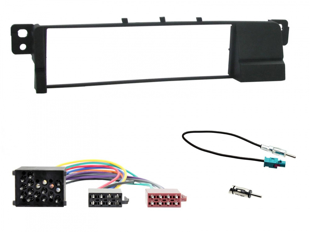 Installationskit för BMW 3-Serie E46 med kabelanslutningar och ram.