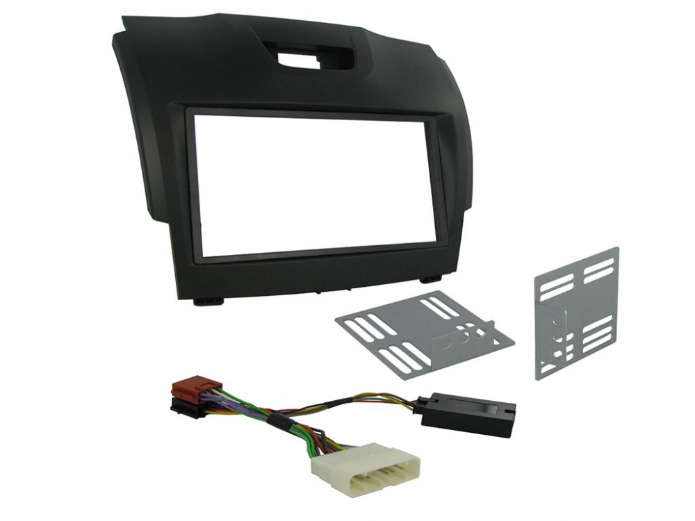 Installationskit för bilradio, inklusive ram och anslutningskablar.