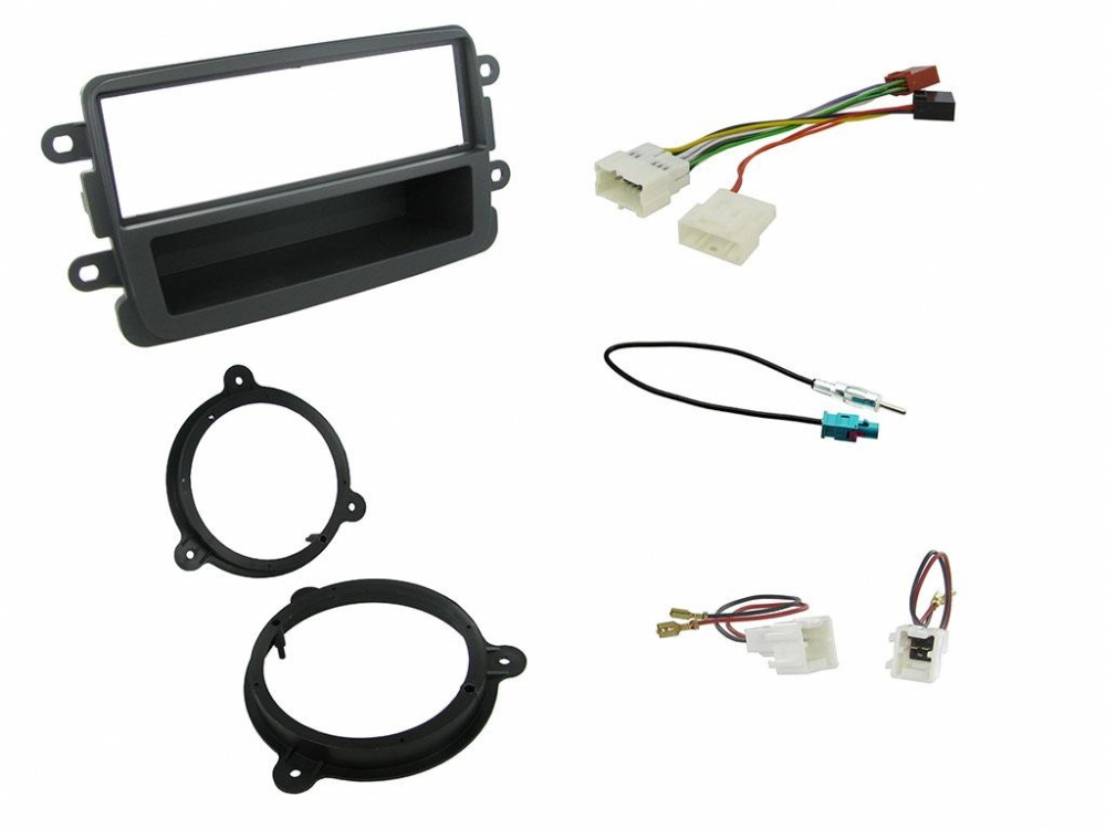 Installationskit för Dacia Duster/Sandero, inklusive ram och kontakter.