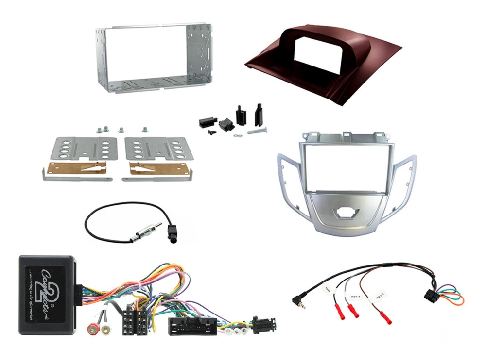 Installeringskomponenter för Ford Fiesta 10-12, inklusive ramar och kablar.