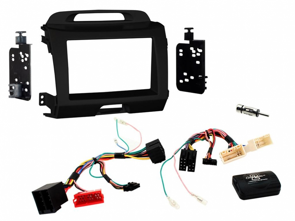 Installationskit för Kia Sportage i mörkgrått, inklusive kablar och fästen.