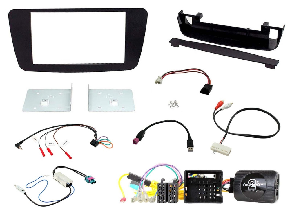 Installationskit för dubbel-din till Mercedes A-klass W176, inklusive kablar och fästen.