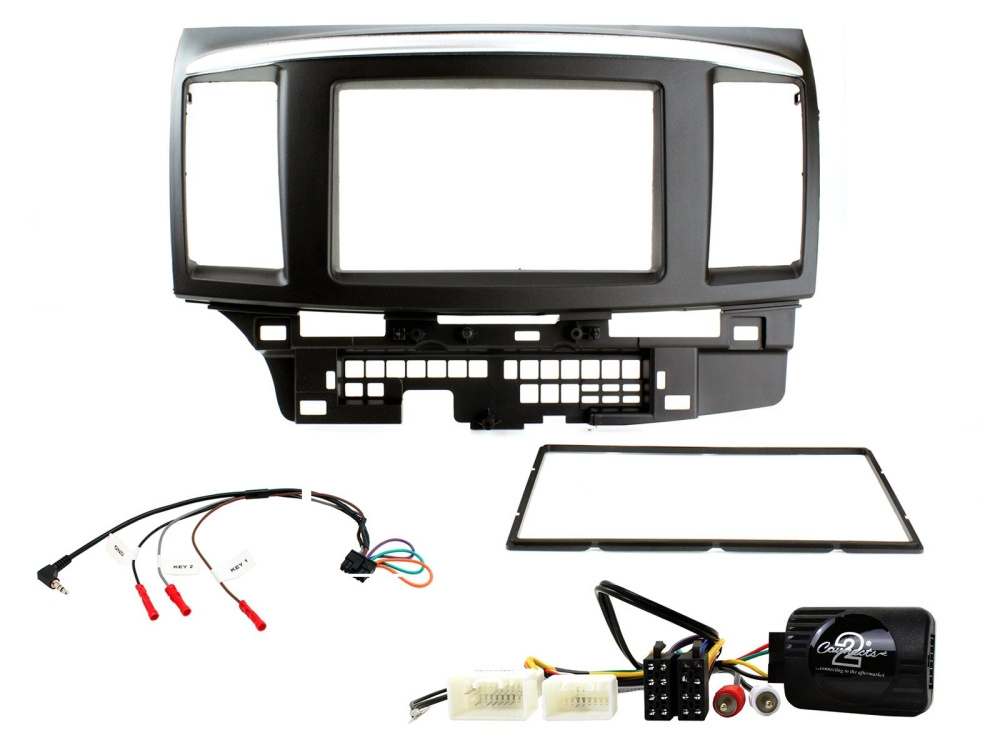 Installationskit för Mitsubishi Lancer 07-10, inkluderar panel och kablar.