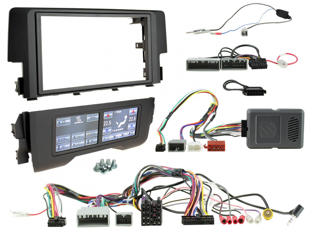 Installationskit för Honda Civic 2016-2021 med olika komponenter och kablar.