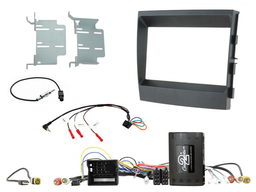 Installationskit för Porsche Panamera, inklusive ram, kablar och adaptrar.