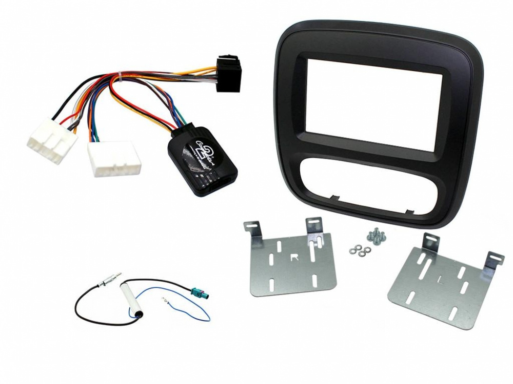 Installationskit för Renault Trafic 2014-2017, svart, inklusive kablar och monteringsdelar.