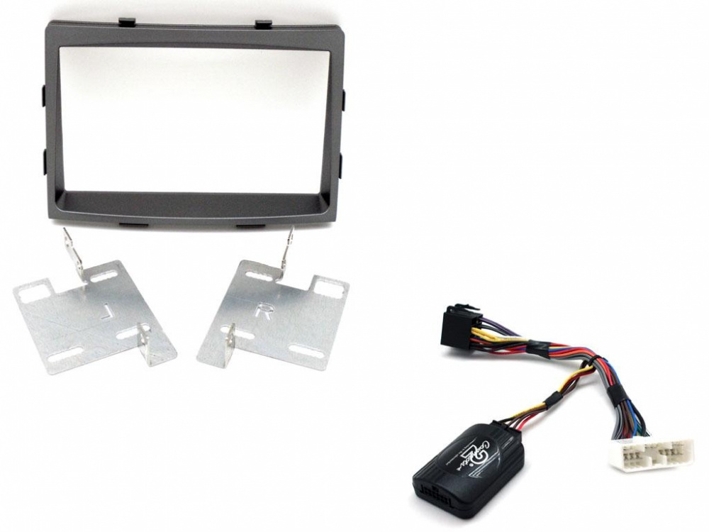 Installationskit för bil, inklusive ram, monteringsplåtar och kabeladapter.