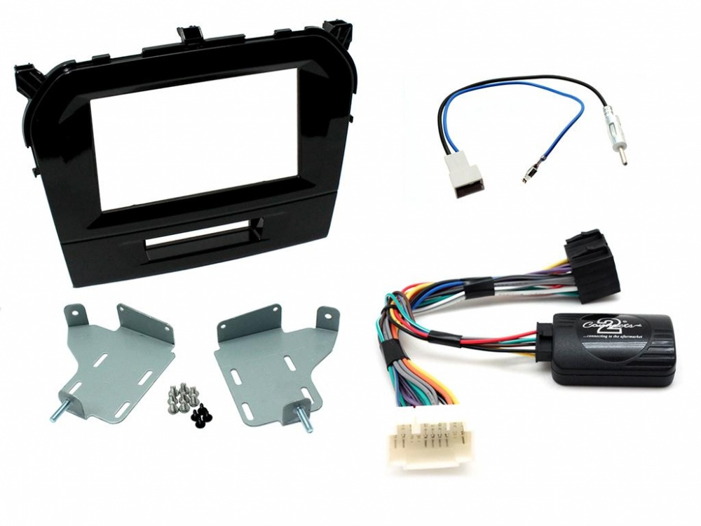 Installationskit för Suzuki Vitara, inkluderar ram, kablar och fästen.