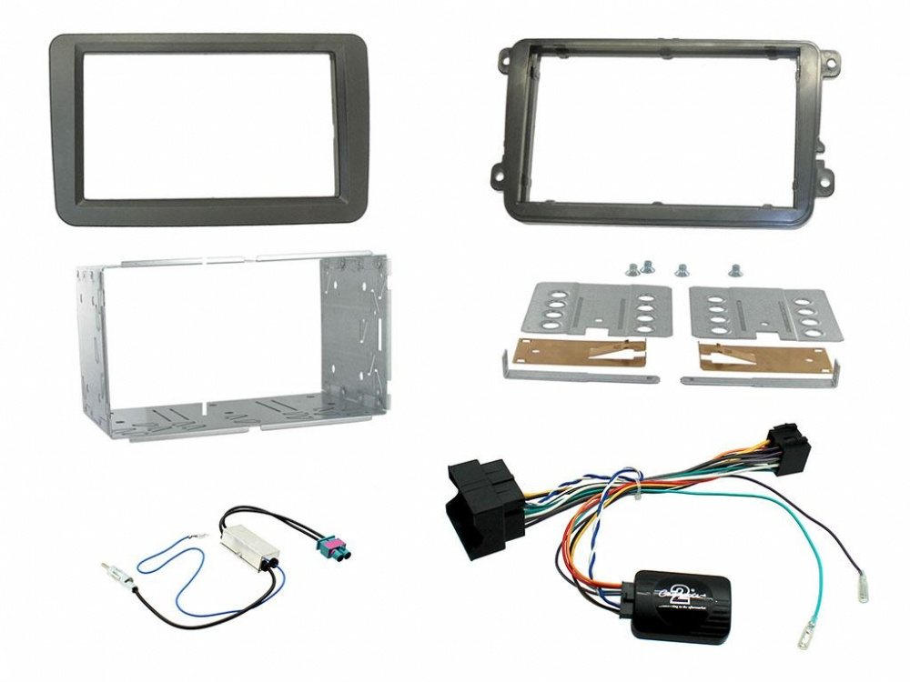 Installationskit för Volkswagen MIB-PQ 15>, innehåller ram, fästen och kablar.