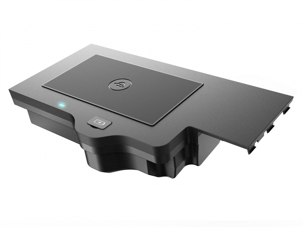 Qi-laddare för BMW X3 & X4, svart, med indikatorlampa och plats för mobiltelefon.