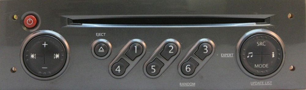 Bild på en bilstereo med knappar för funktioner och volymkontroll.