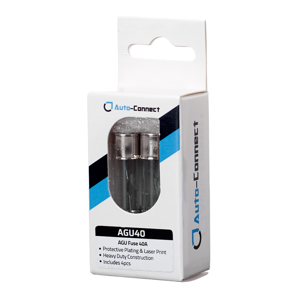 Förpackning med fyra 40A AGU-säkringar från Auto-Connect.