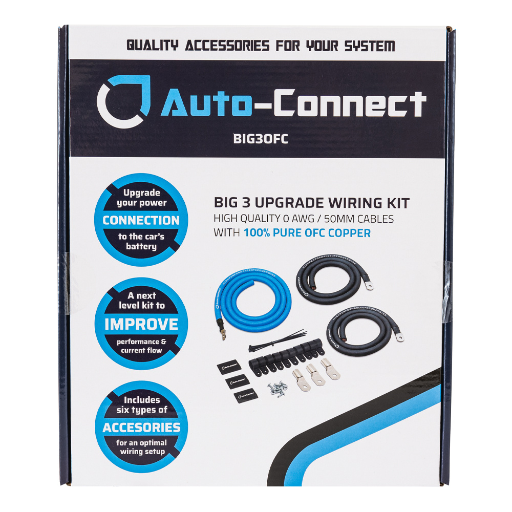 En förpackning med kabelkit för bil, inklusive kablar och tillbehör.