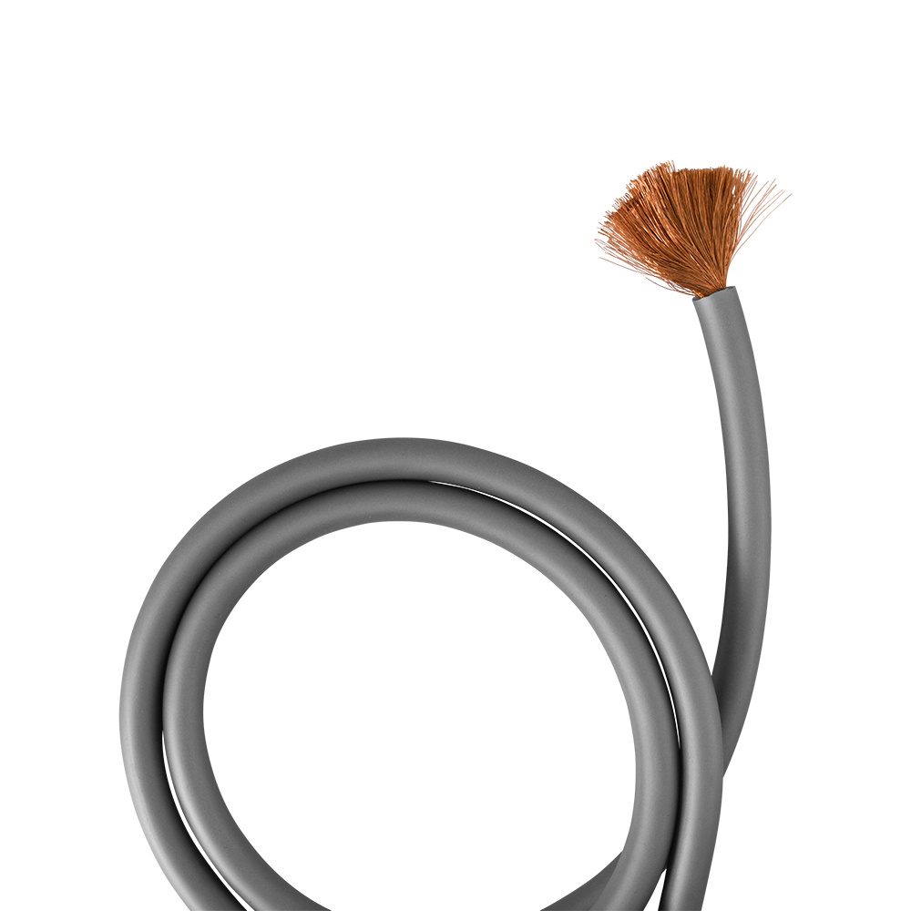 Grå strömkabel med en tjocklek på 20mm² och en otätad kopparänd.