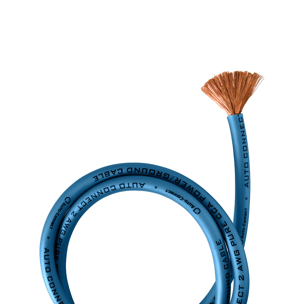 Blå strömkabel med 35mm² kabelarea, flätad koppartråd i ena änden.