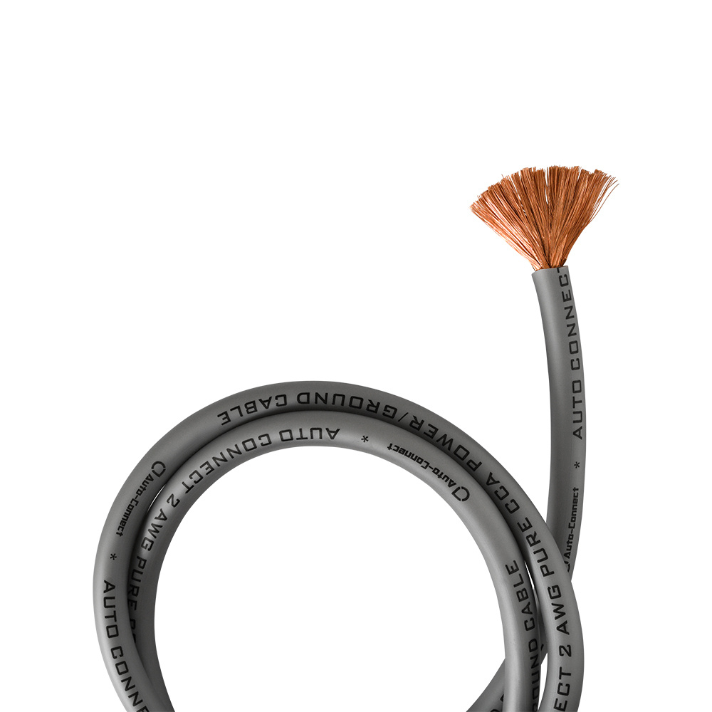 En grå strömkabel med koppartrådar, märkning \