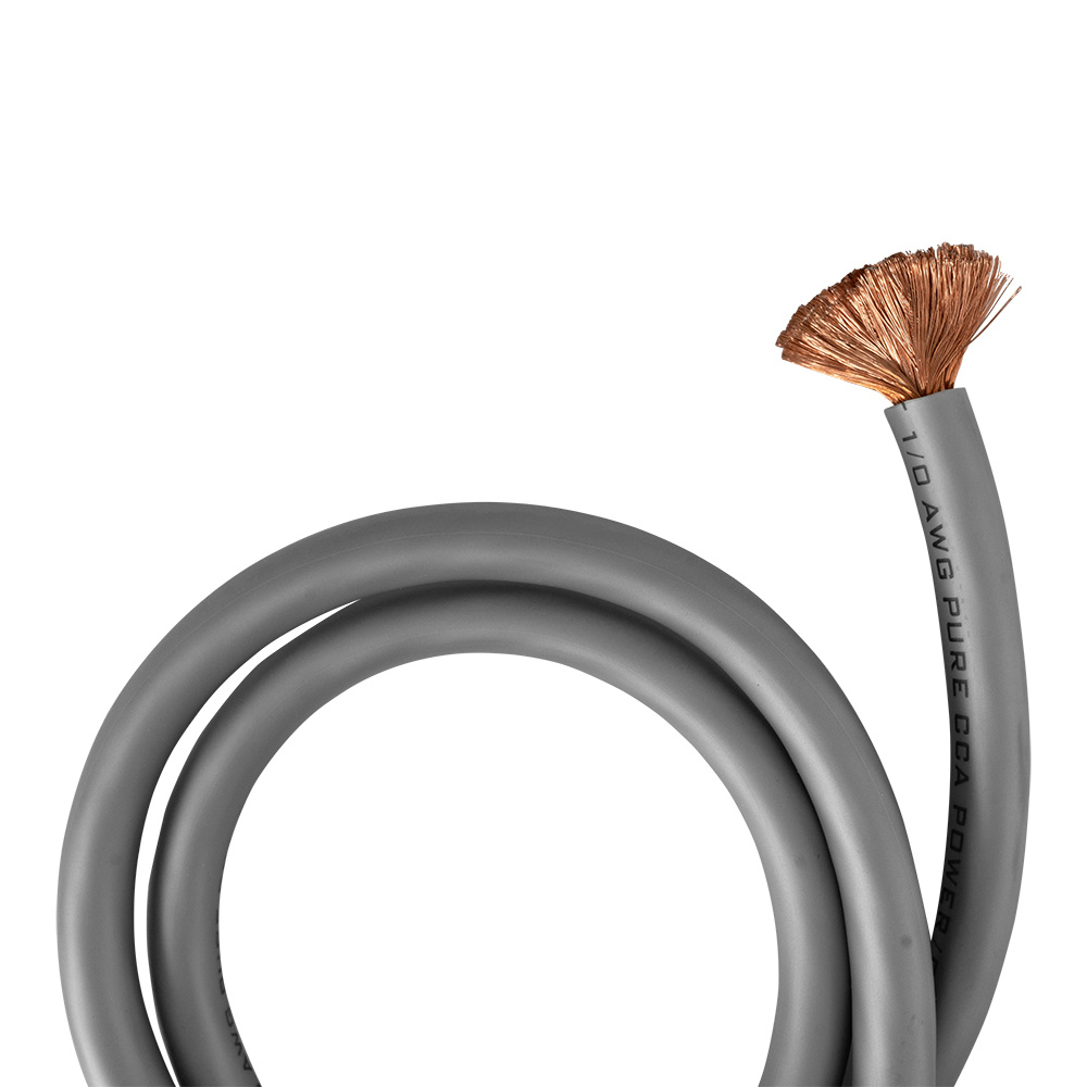 Grå 2 meter strömkabel med CCA-kontakt och flätad kopparända.