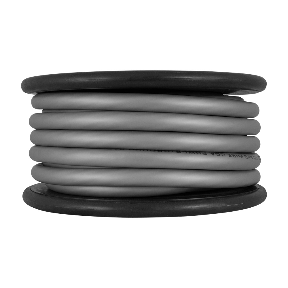 En rulle med grå strömkabel, 50mm², ordentligt ihopbundna.