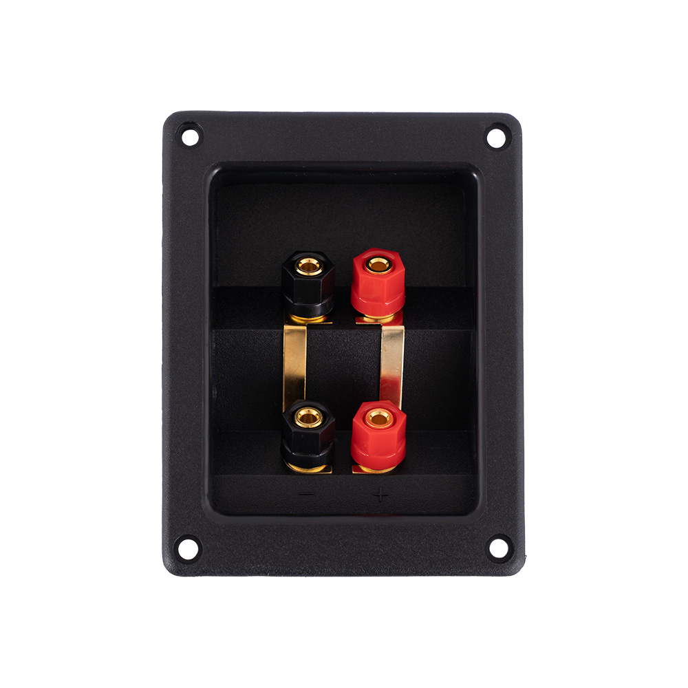 Högtalarterminal med dubbel anslutning, röd och svart kontakt.