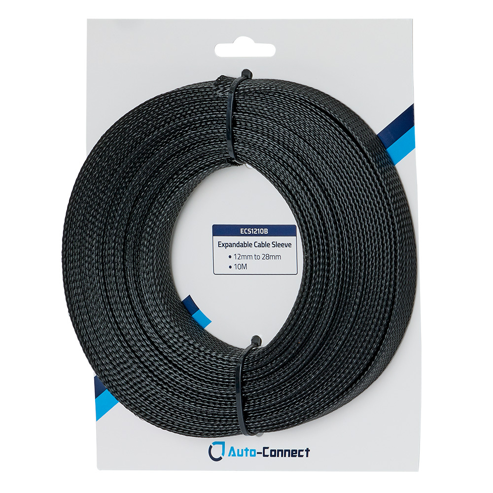 En svart kabelstrumpa, utvidgbar, 12-28 mm, 10 meter lång.