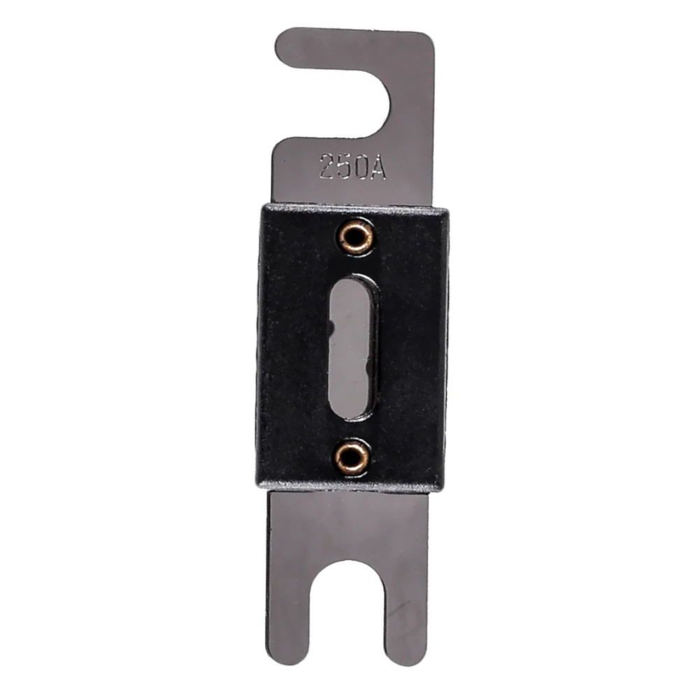En ANL-säkring på 250A med metallkomponenter och svart plastdel.