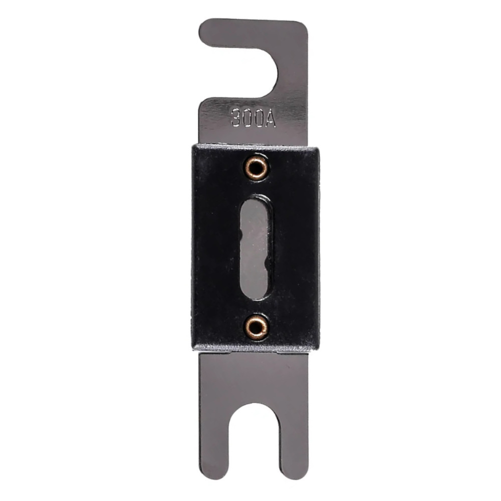 En svart ANL-säkring med 300A märkning och två monteringshål.