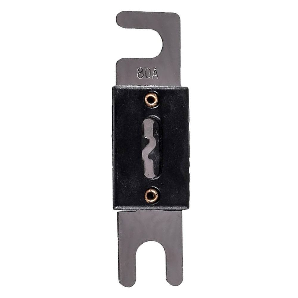 En svart ANL-säkring med 80A kapacitet och metallfästen.