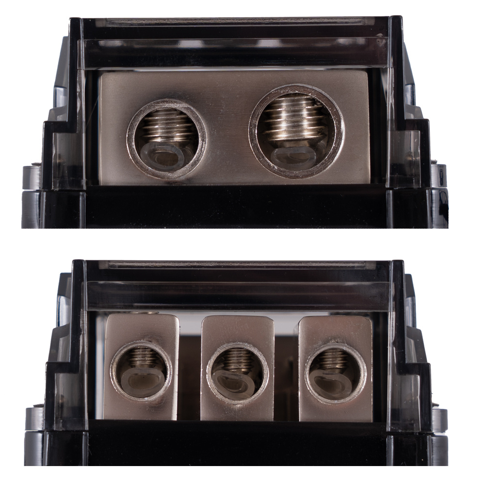 Auto-Connect mini-ANL säkringsblock med voltmätare och tre säkringar.