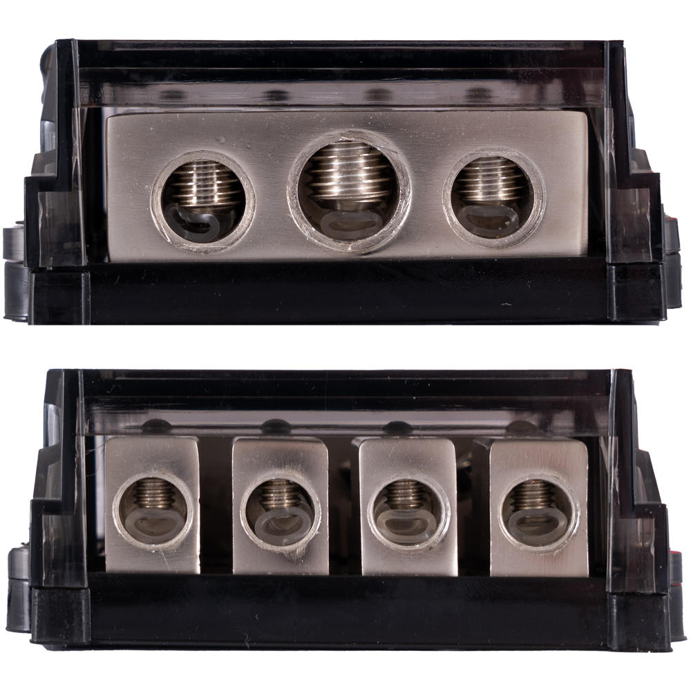 Säkringsblock med fyra platser och inbyggd voltmätare.