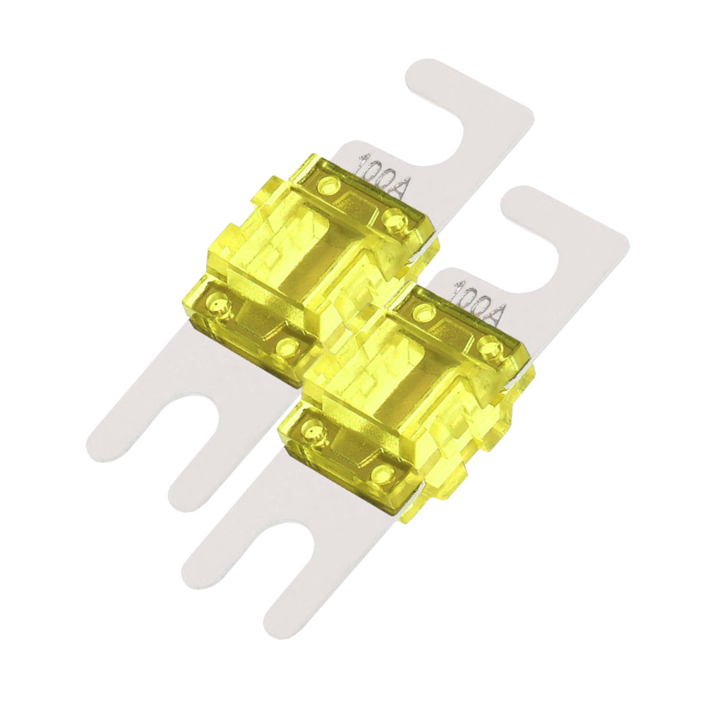 Två gula AFS-säkringar (Mini ANL), 100A, för elektrisk säkerhet.