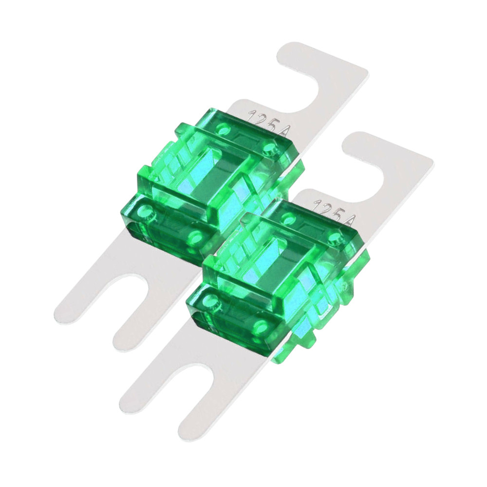 Två gröna mini ANL-säkringar, 125A, med metallfästen.