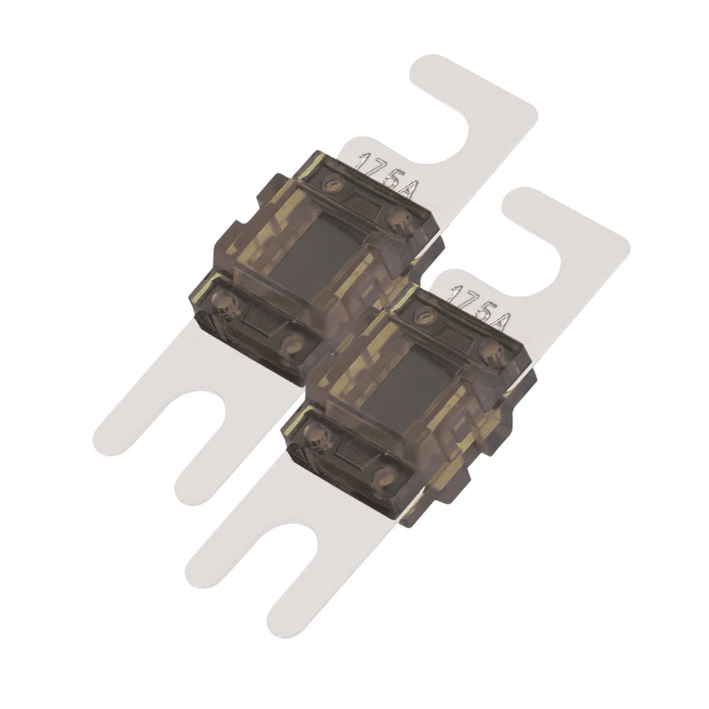 Två Mini ANL-säkringar, 175A, med transparent hölje och monteringsterminaler.