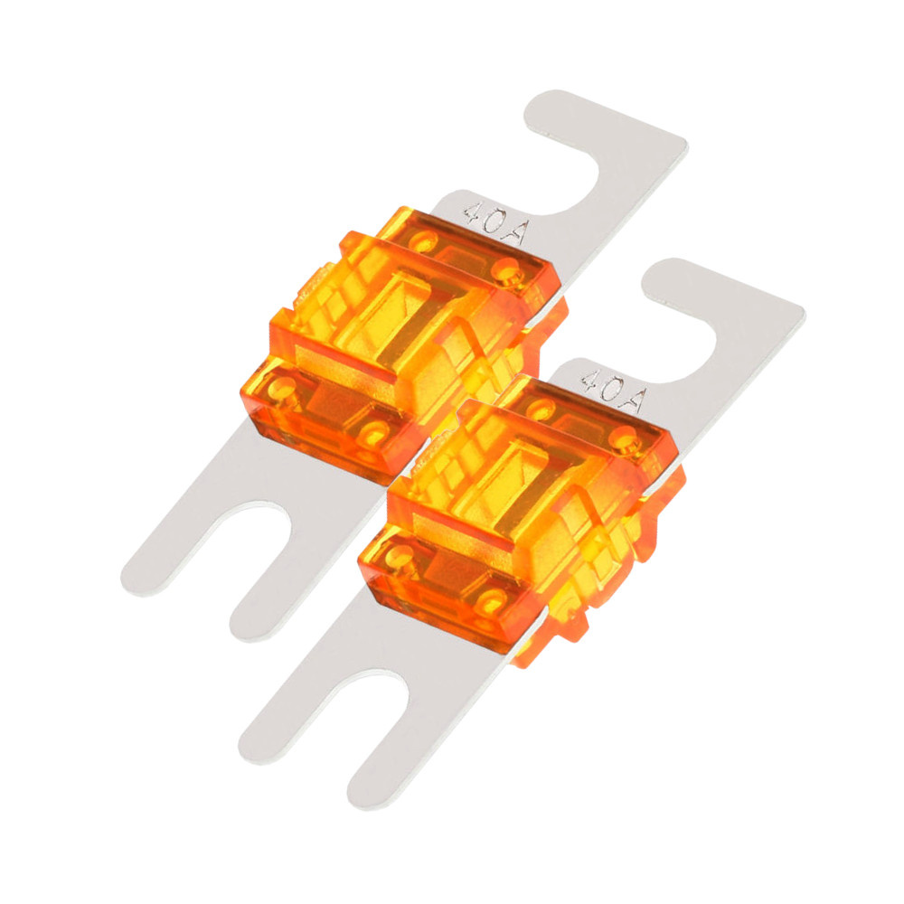 Två 40A AFS-säkringar i orange plast med metallfästen.