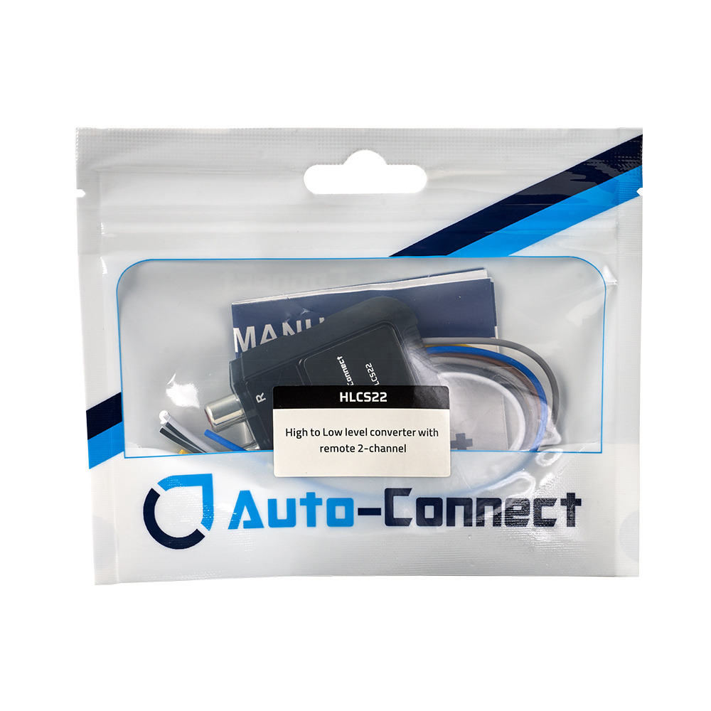 En paketlösning med en 2-kanalig hög/lågnivå-omvandlare och manual.