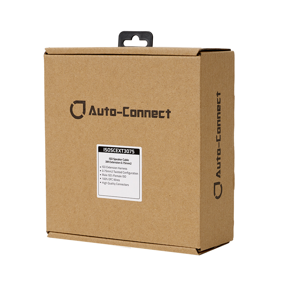 En pappkartong med märkning för Auto-Connect ISO-ISO 3m högtalarkabel.