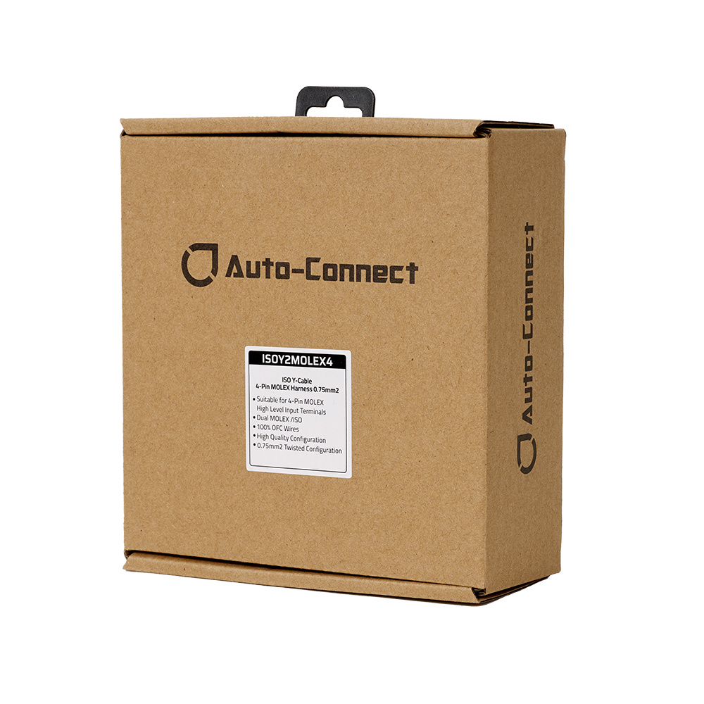 Förpackning av Auto-Connect ISOY2MOLEX4 med produktinformation.