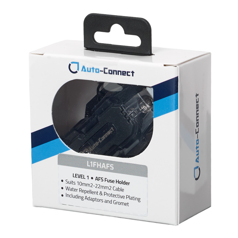 Förpackning av Auto-Connect AFS säkringshållare, visar produktinformation och specifikationer.