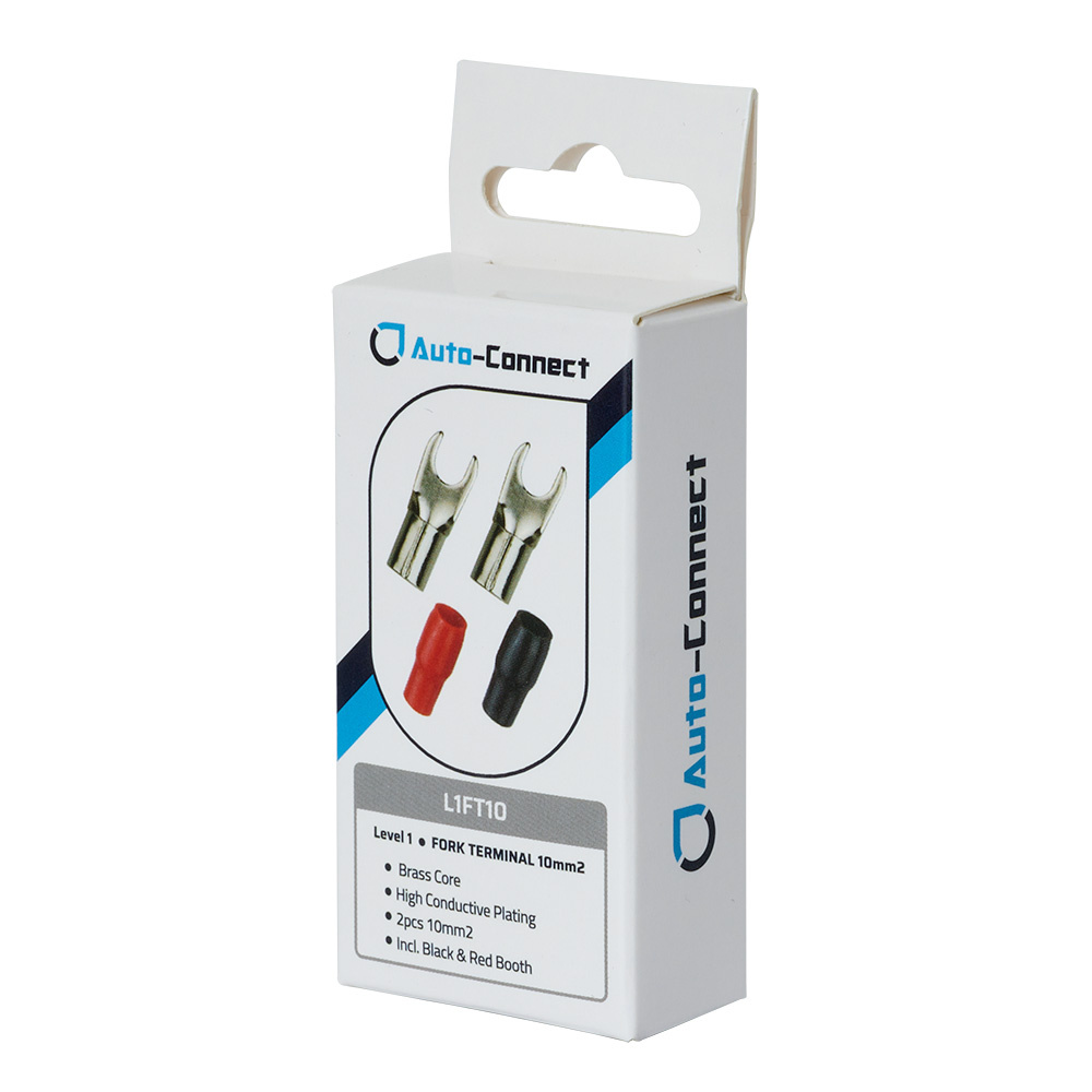 Förpackning med röd och svart gaffelkabelsko, 10 mm², av hög kvalitet.