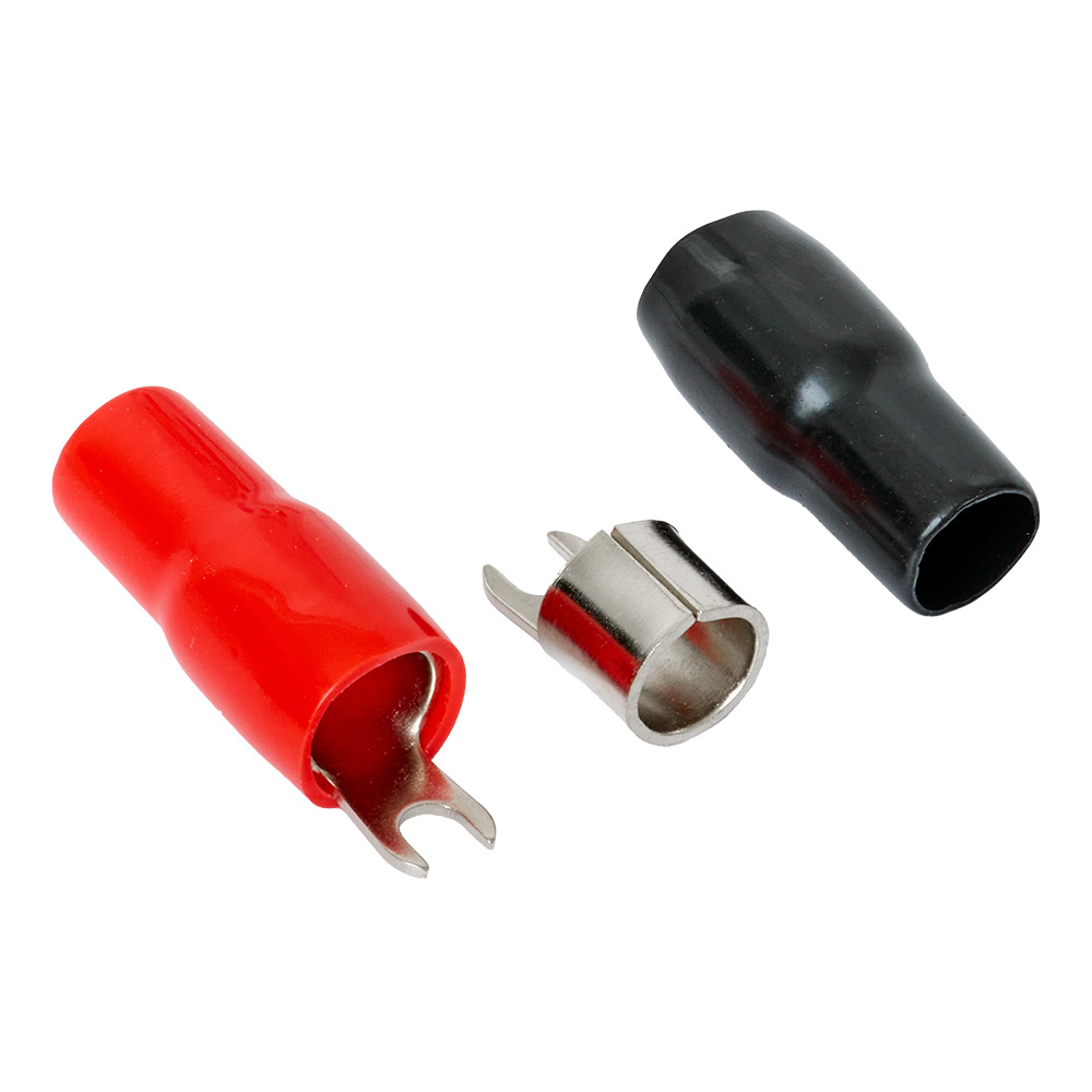 Röd och svart gaffelkabelsko i plast och metall för elektrisk anslutning.