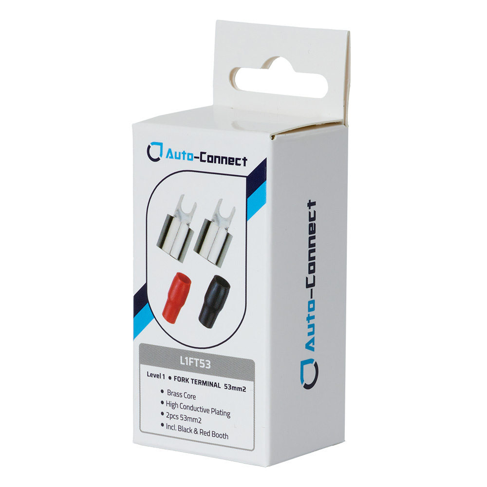 En förpackning med röd och svart gaffelkabelsko, 53 mm².