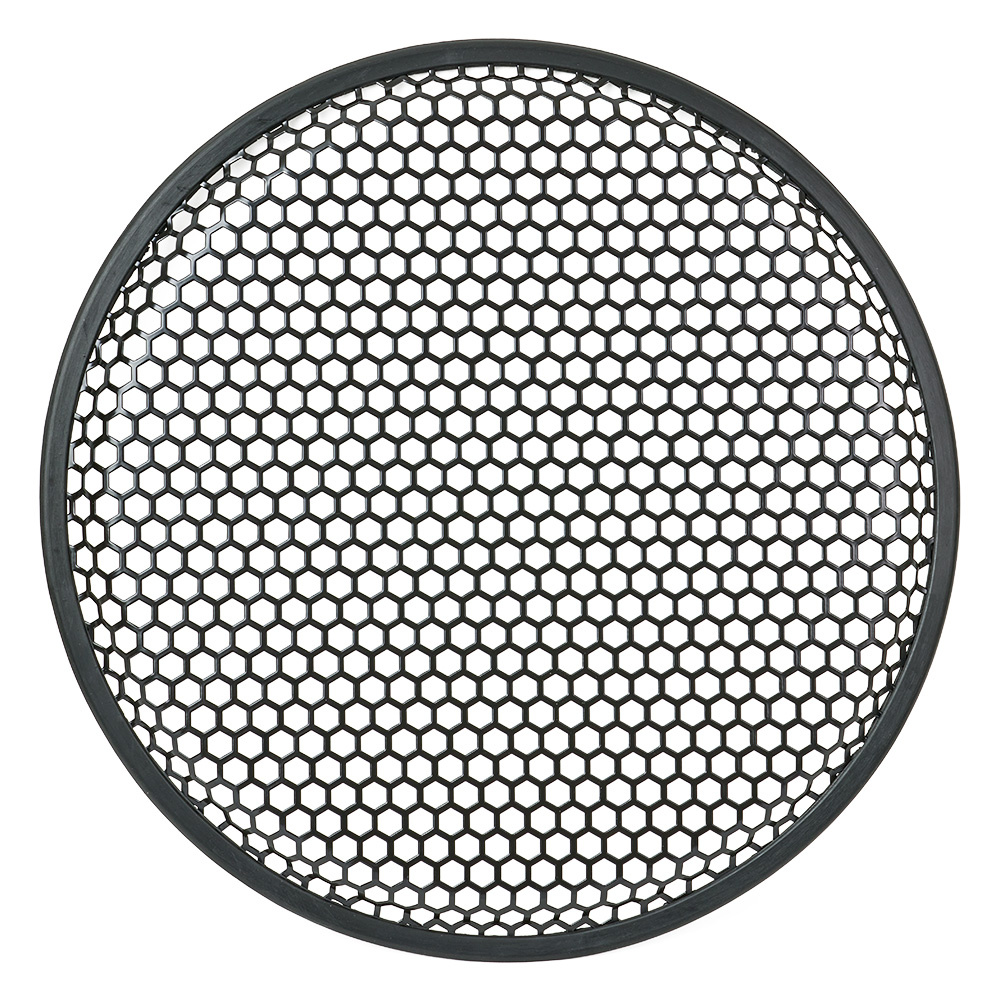Ett runt högtalargaller med hexagonala hål, svart färg, 12 tum.