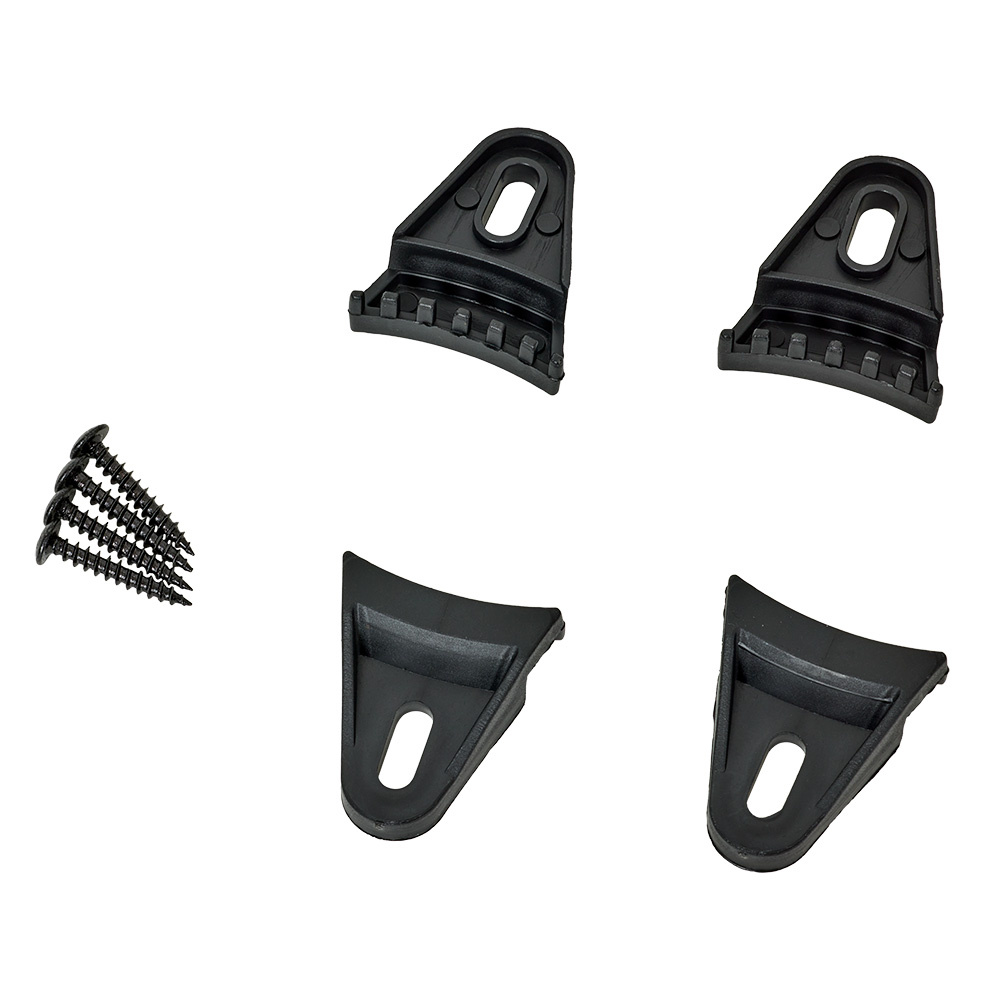 Svart plastfäste och skruvar för högtalargaller.