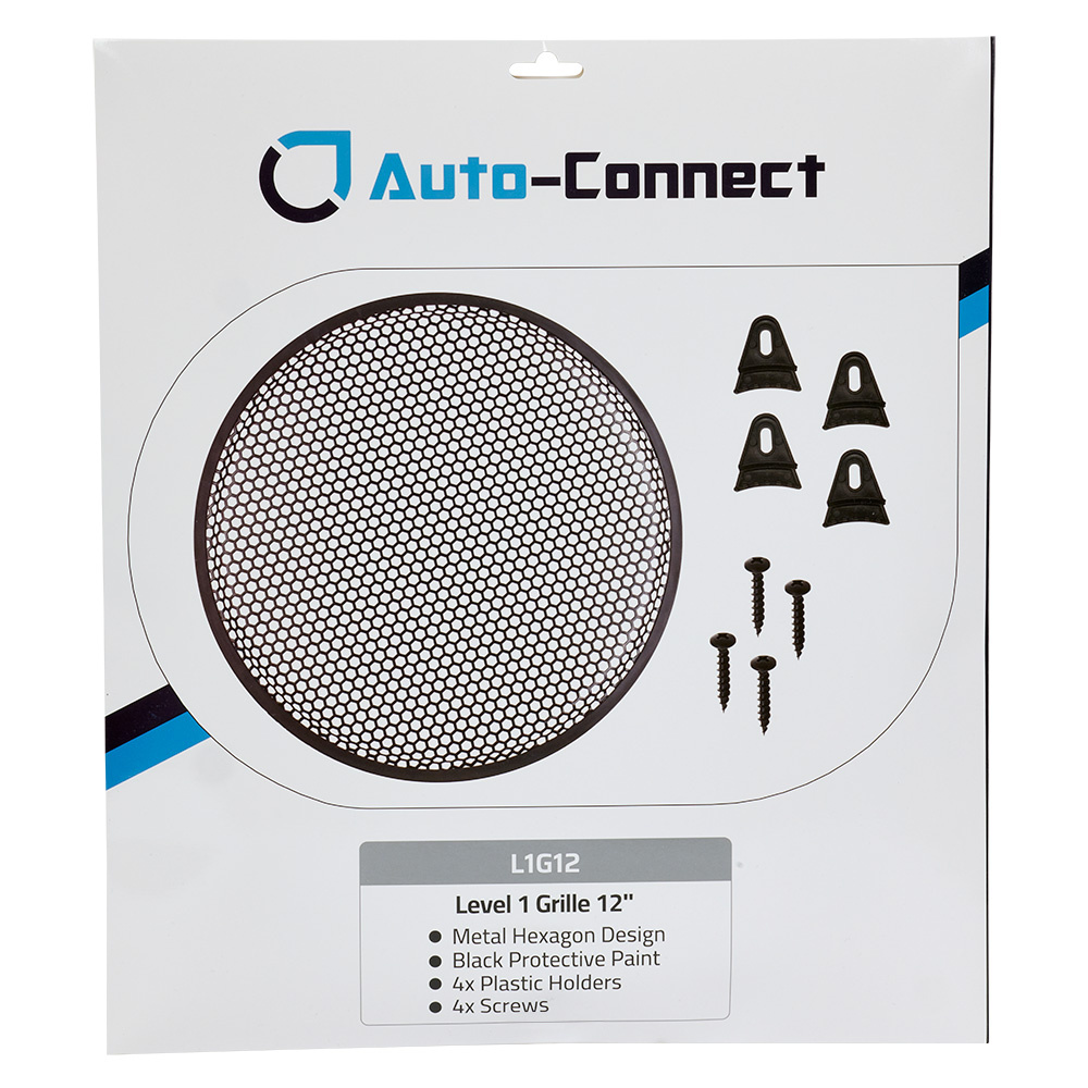 Högtalargaller i metall med hexagonform, svart färg, skruvar och plastfästen.