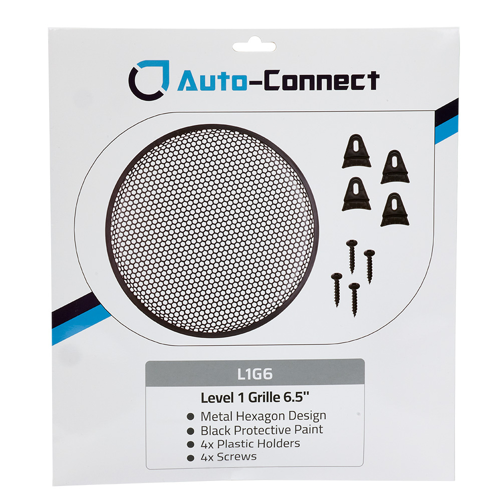 Högtalargaller med hexagonmönster, svart färg och fyra skruvar inkluderas.